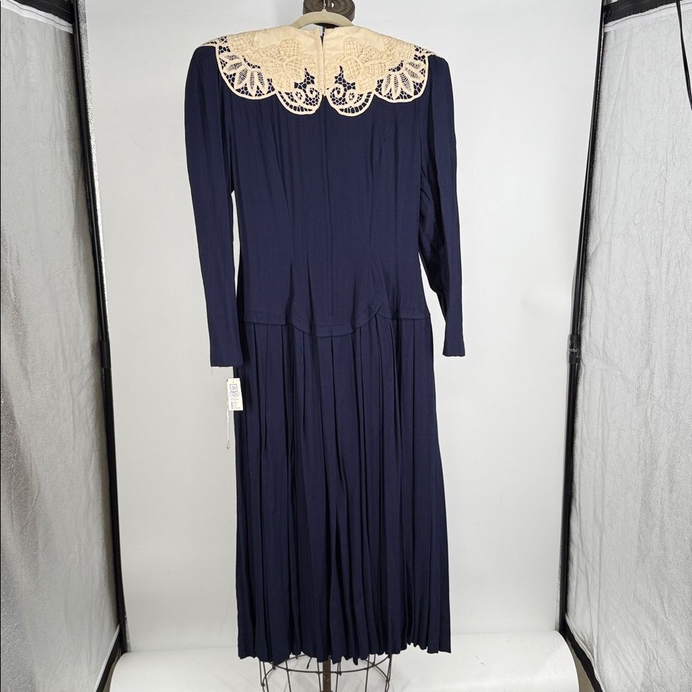 Marie St Claire Dress Wm 14 Vintage Blue 80s Crochet Collar Victorian Style - Picture 6 of 14